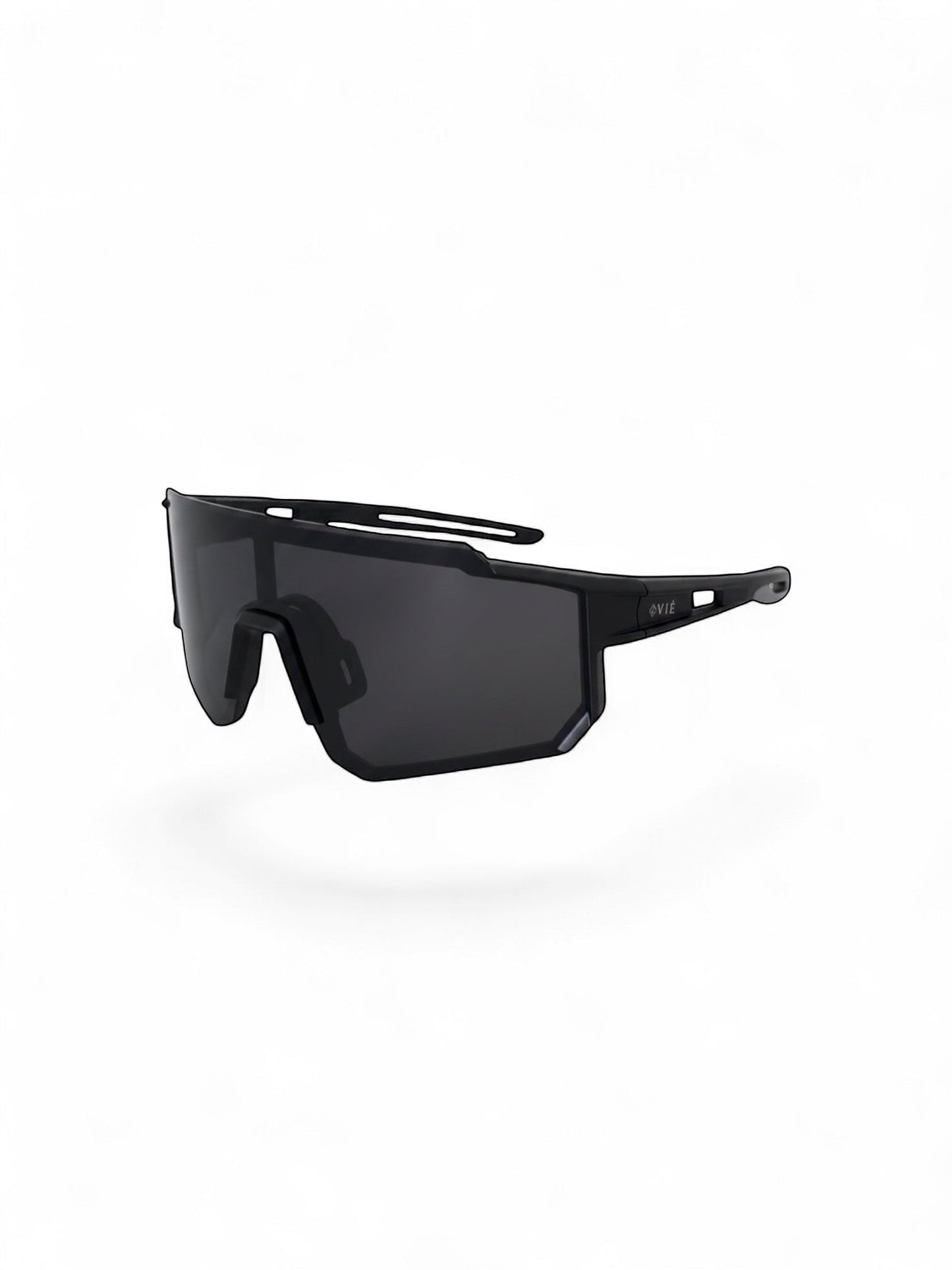 EVIE EYEWEAR black sport sunglasses with a wraparound lens and branded temples.