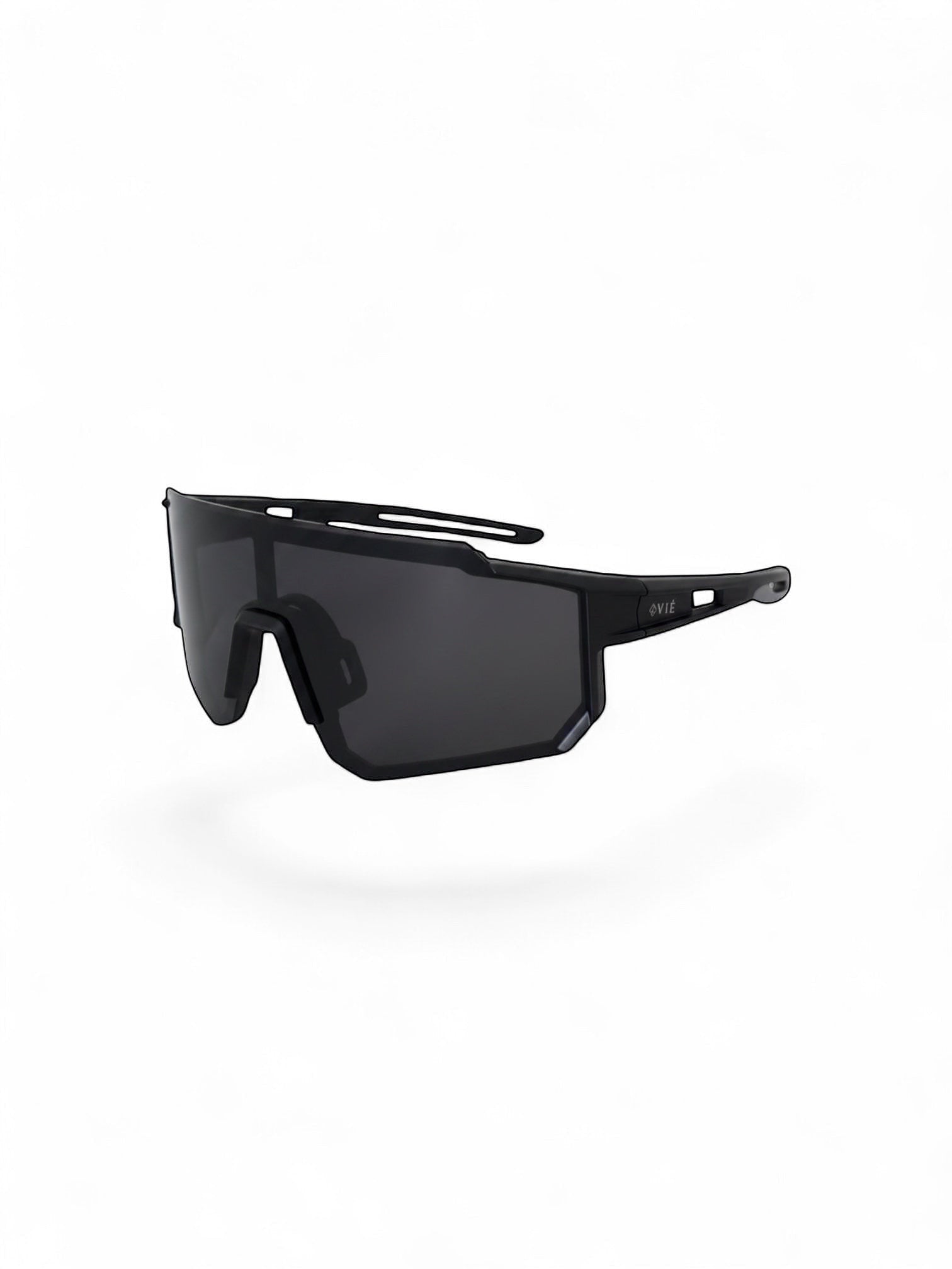 EVIE EYEWEAR black sport sunglasses with a wraparound lens and branded temples.