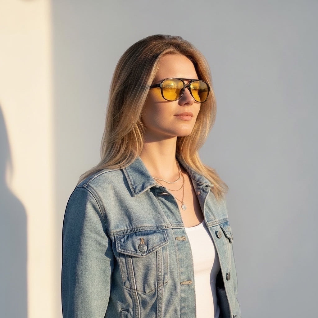 EVIE EYEWEAR Modelo Dakar contemporary black frame sunglasses with yellow UV protective lenses.
