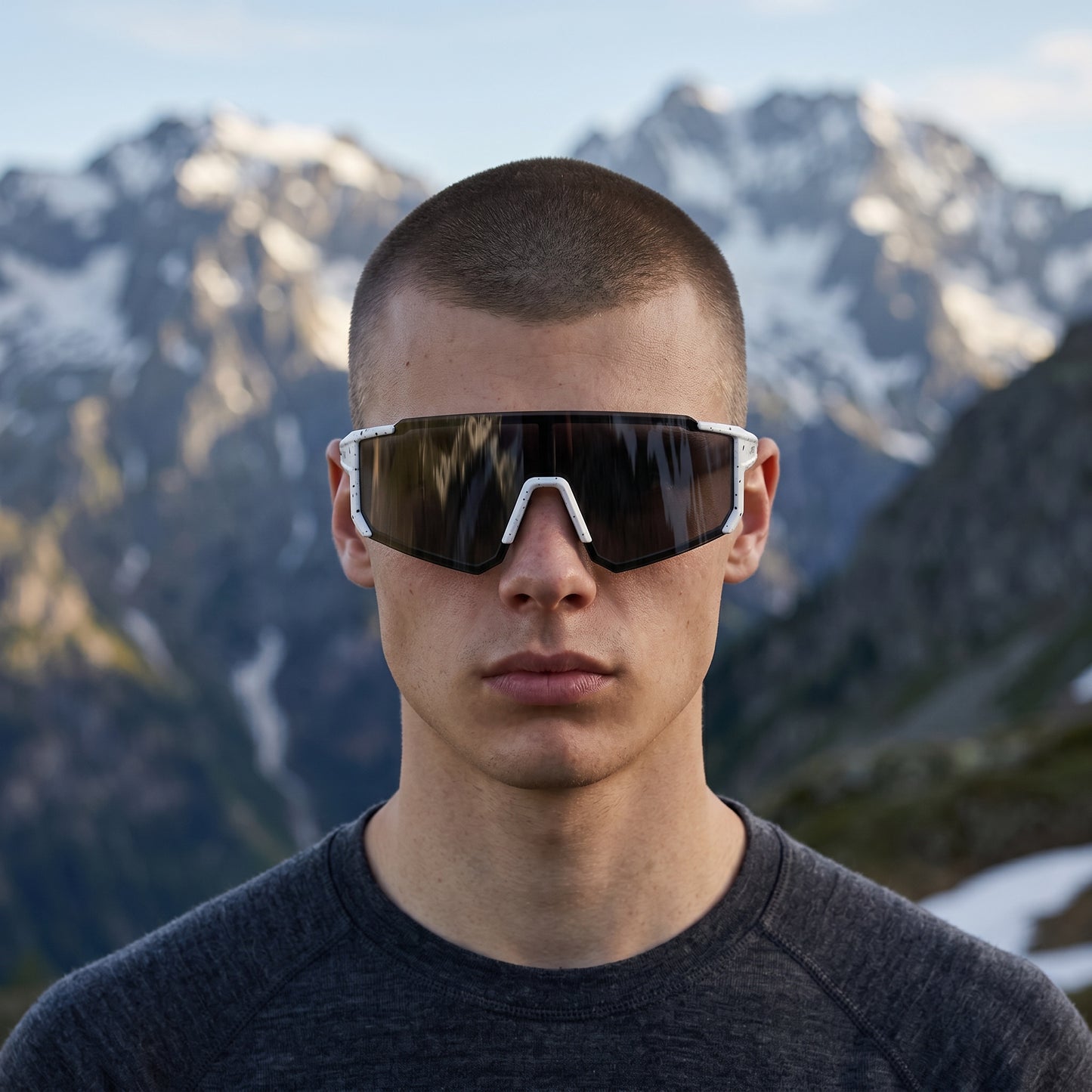 Gafas de sol deportivas EVIE EYEWEAR blancas con salpicaduras negras, lentes polarizadas oscuras y logo lateral.