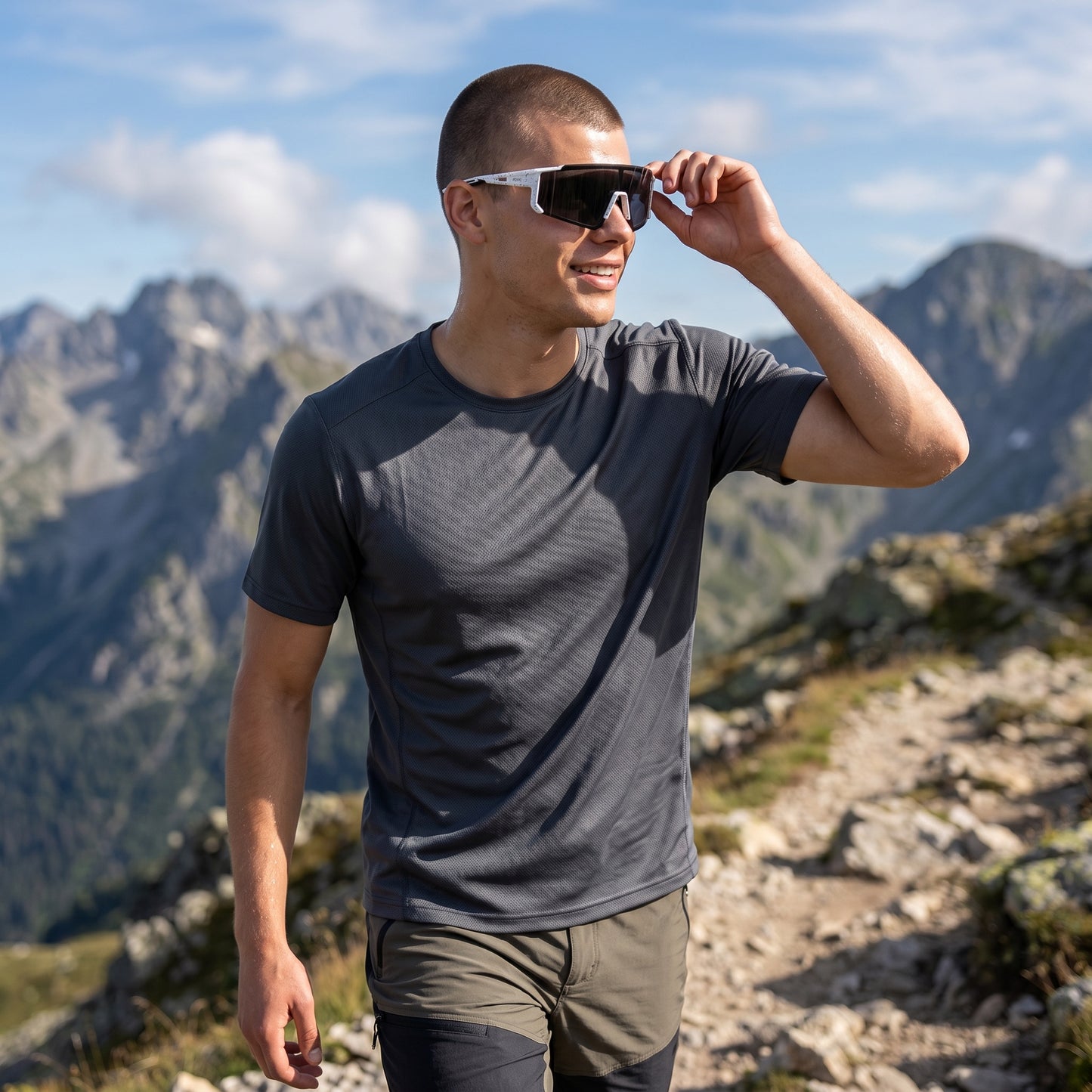 Gafas de sol deportivas EVIE EYEWEAR blancas con salpicaduras negras, lentes polarizadas oscuras y logo lateral.