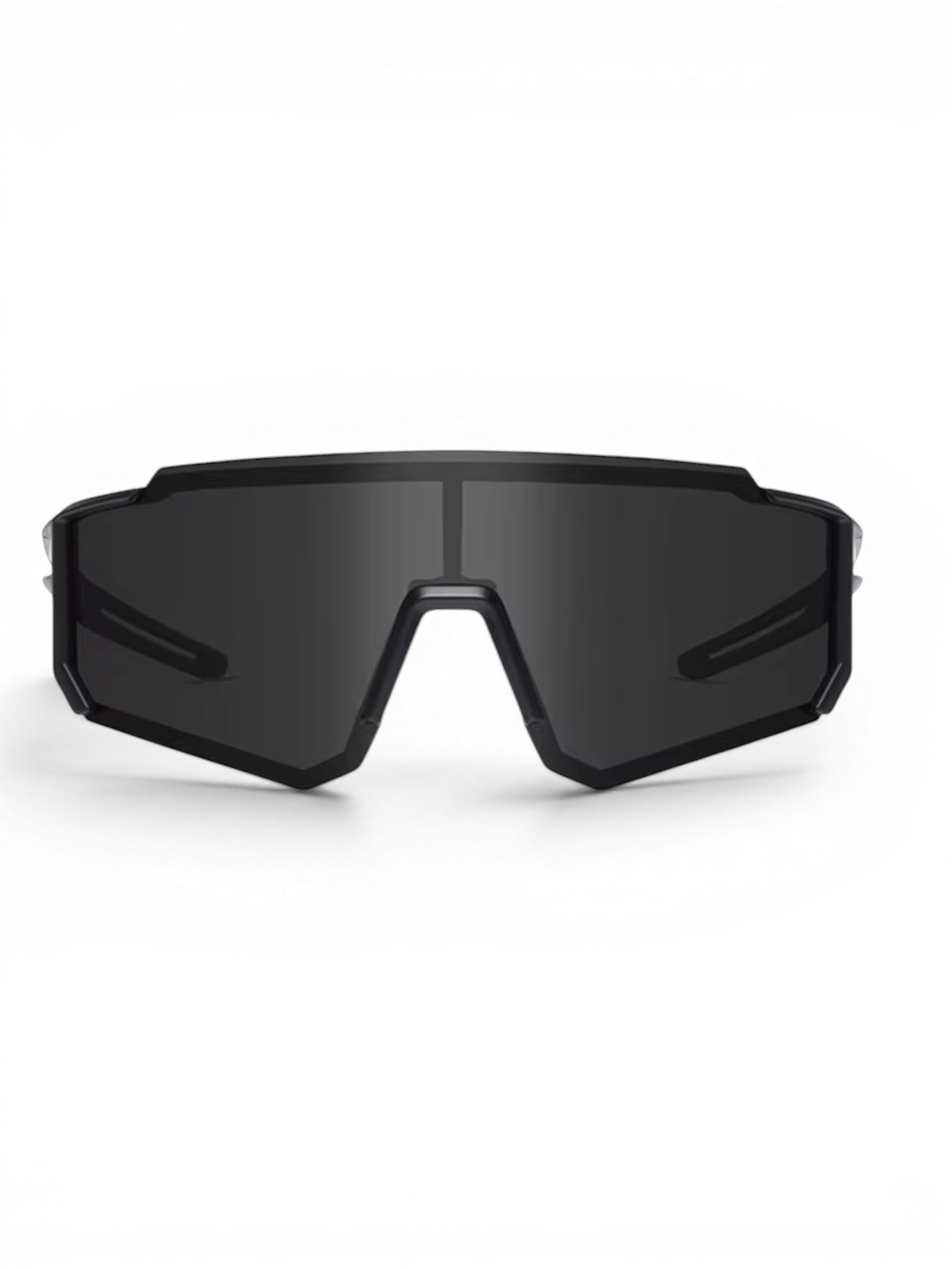 Gafas de sol deportivas EVIE EYEWEAR negras con lente de espejo de cobertura total y montura robusta.