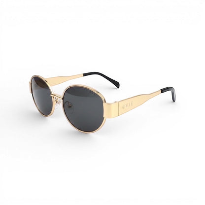 EVIE EYEWEAR MODELO IBIZA gold metal oval sunglasses with dark lenses and black temple tips.