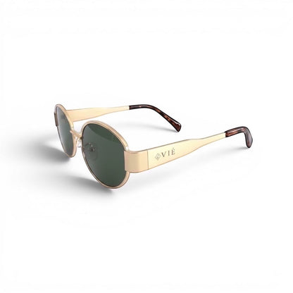 EVIE EYEWEAR gold oval sunglasses with dark green lenses and tortoiseshell temple tips.