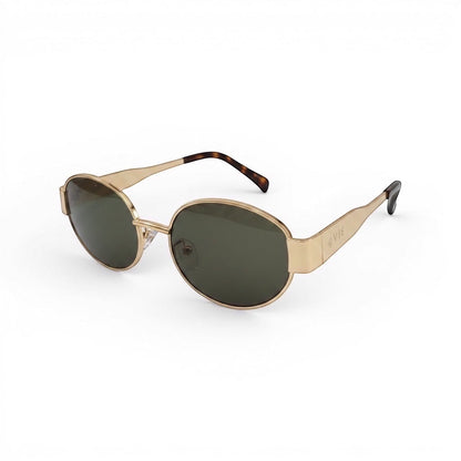 EVIE EYEWEAR MODELO IBIZA gold metal round sunglasses with dark lenses and tortoise shell temple tips.