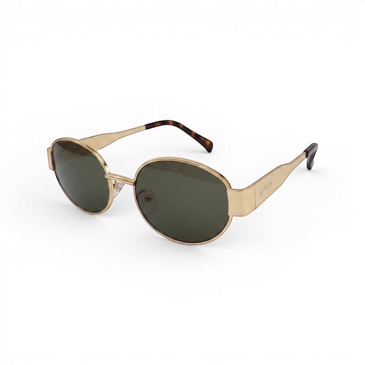 EVIE EYEWEAR MODELO IBIZA gold metal round sunglasses with dark lenses and tortoise shell temple tips.