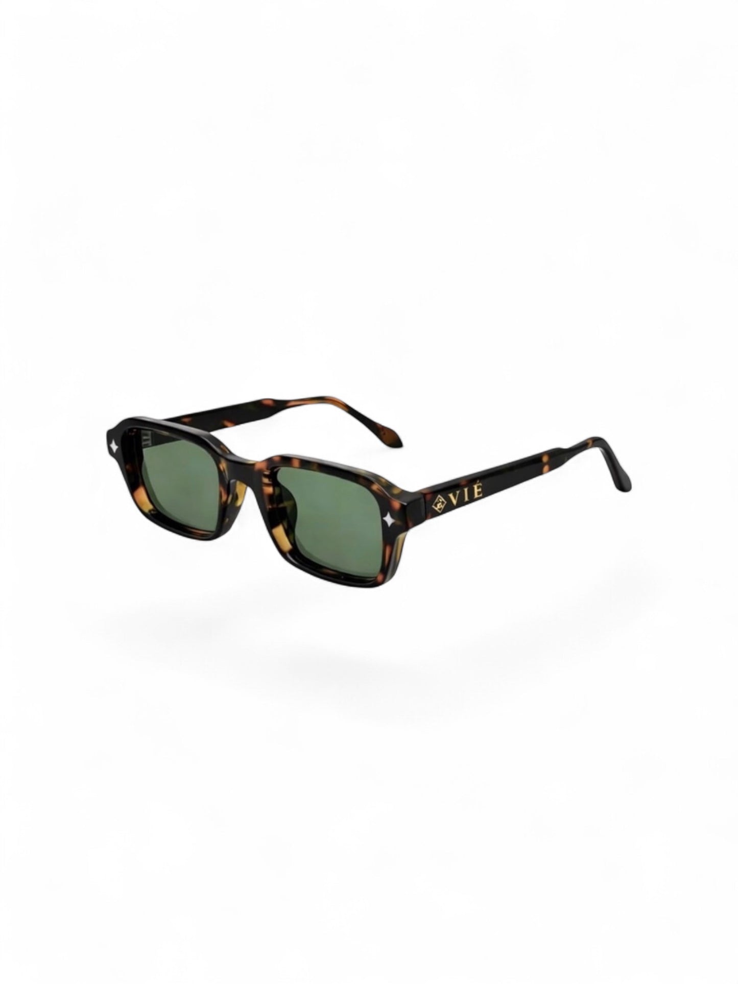 EVIE EYEWEAR OSLO CAREY rectangular sunglasses with tortoise shell frame, green lenses, and gold logo detail.