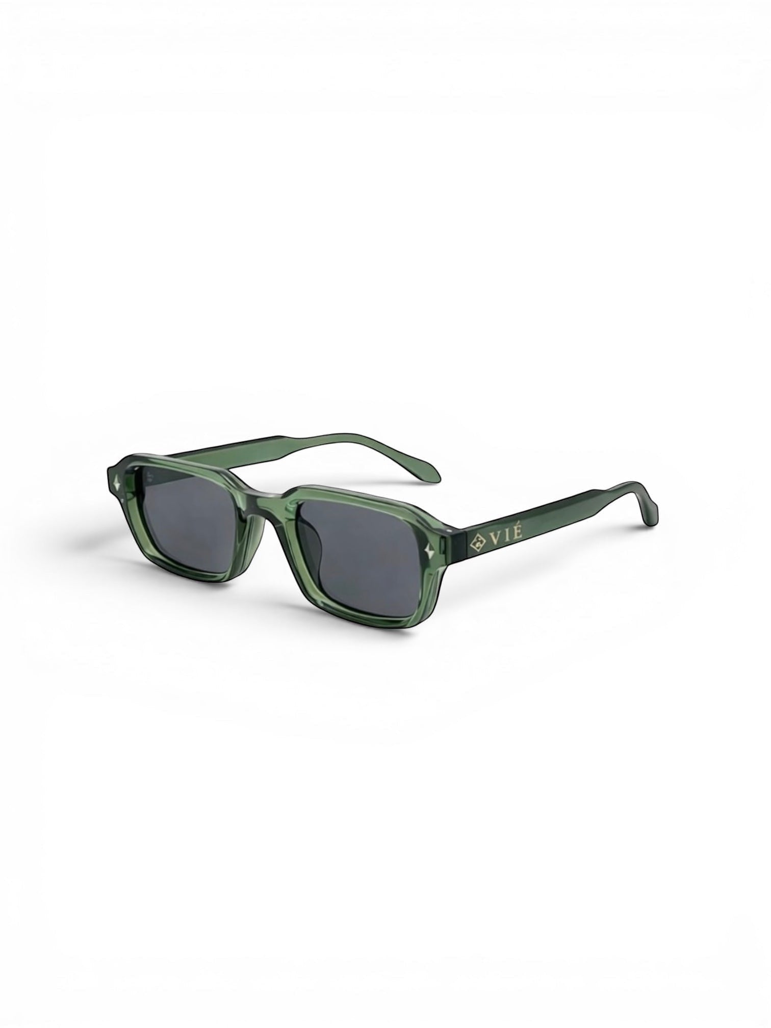 EVIE EYEWEAR OSLO MIU rectangular sunglasses in translucent green with dark UV-protective lenses and gold logo detail.
