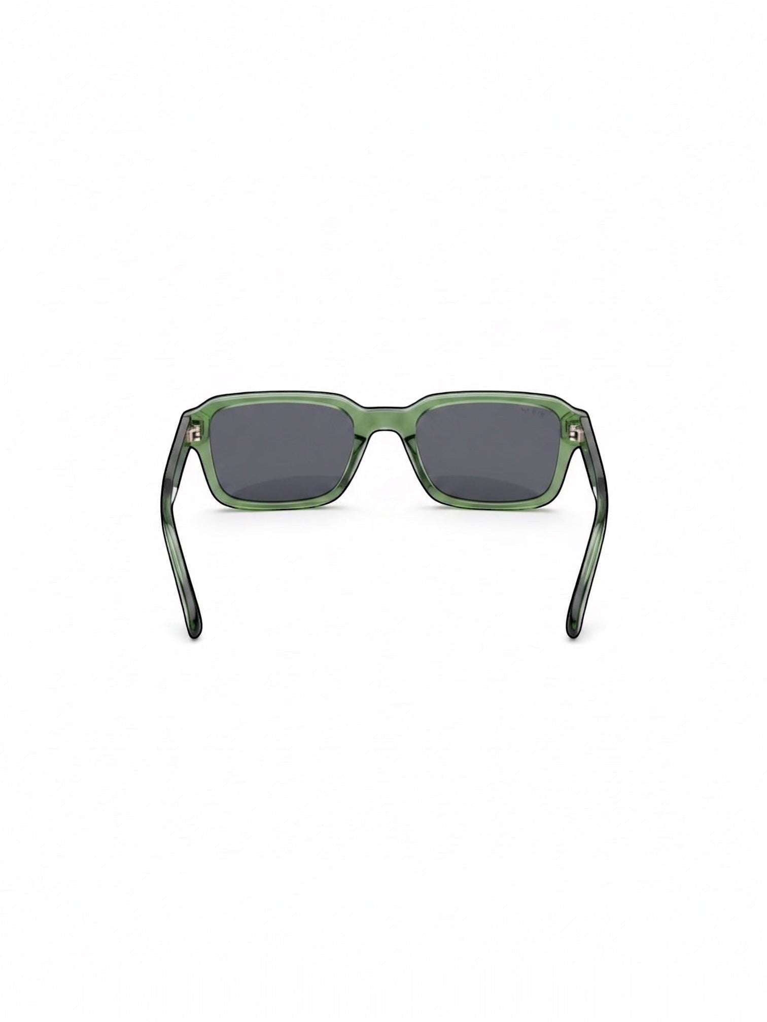 EVIE EYEWEAR OSLO MIU rectangular sunglasses in translucent green with dark UV-protective lenses and gold logo detail.
