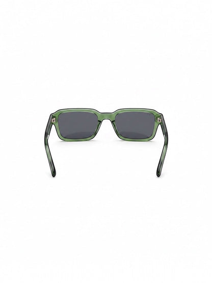 EVIE EYEWEAR OSLO MIU rectangular sunglasses in translucent green with dark UV-protective lenses and gold logo detail.