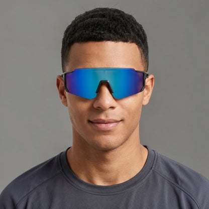 EVIE EYEWEAR Performance Shield Sunglasses with vibrant blue mirrored lenses and black frame. Aerodynamic wraparound design for sports.