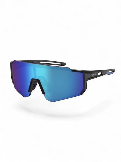 EVIE EYEWEAR sport sunglasses with black PC frame, blue mirrored polarized UV400 lenses and integrated logo.