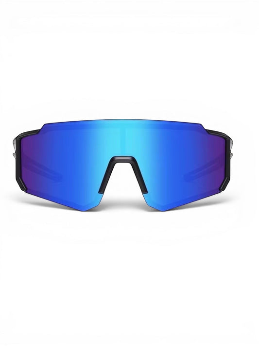 EVIE EYEWEAR sport sunglasses with blue mirrored lenses and black matte PC frame. UV400 polarized.