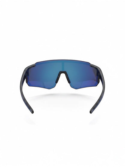 EVIE EYEWEAR Eviè Sport matte black PC frame sunglasses with blue mirrored UV400 polarized lenses.